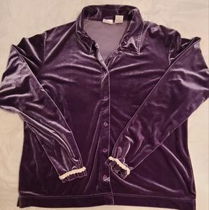 Velvet dark purple button down womens shirt embellished with lace around sleeve.